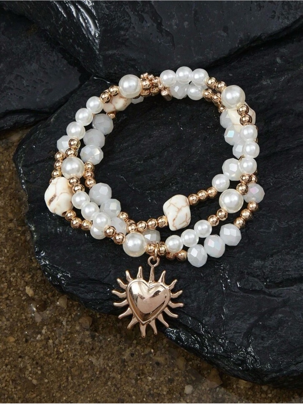 Sun Heart Charm Pearl & Bead Wrap Bracelet - White